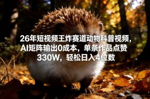 26年短视频王炸赛道动物科普视频，AI矩阵输出0成本，单条作品点赞330W，轻松日入4位数-琴书聊项目