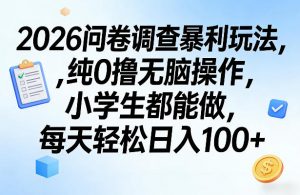 2026问卷调查暴利玩法，纯0撸无脑操作，小学生都能做，每天轻松日入100+【揭秘】-琴书聊项目