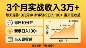 3个月实战收入3万+，每天操作10几分钟，新手轻松日入100+，当天见收益-琴书聊项目