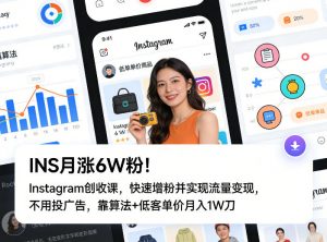 INS月涨6W粉！Instagram创收课，快速增粉并实现流量变现，不用用投广告，靠算法+低客单价月入1W刀-琴书聊项目