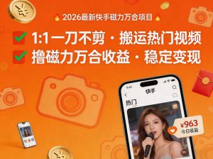 2026年最新快手磁力万合项目，1比1一刀不剪搬运热门视频，撸磁力万合收益-琴书聊项目