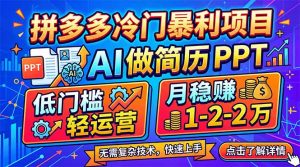 拼多多冷门暴利项目：AI 做简历 PPT，低门槛轻运营，月稳赚 1-2 万-琴书聊项目