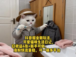 抖音掘金新玩法,可爱猫咪生活日记,日收益4张+新手可做,涨粉快流量稳,可一稿多平台-琴书聊项目