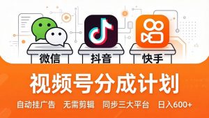 视频号分成计划:发视频自动挂广告,无需剪辑同步三大平台,单号轻松日入600+-琴书聊项目