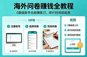 海外问卷賺钱全教程，0基础新手也能賺美刀，碎片时间就能做-琴书聊项目