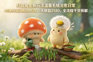 抖音掘金新玩法温馨毛绒治愈日常，45条作品涨粉84.6W，3天收益2580，全流程干货拆解-琴书聊项目