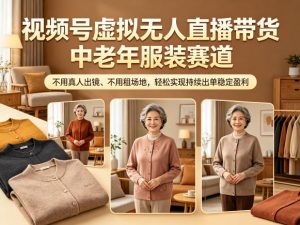 视频号虚拟无人直播带货中老年服装赛道，不用真人出镜、不用租场地，轻松实现持续出单稳定盈利-琴书聊项目