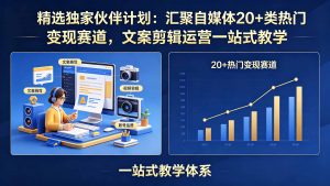 精选独家伙伴计划：汇聚自媒体20+类热门变现赛道，文案剪辑运营一站式教学-琴书聊项目