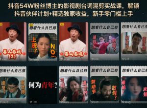 抖音54W粉丝博主的影视剧台词混剪实战课，解锁抖音伙伴计划+精选独家收益，新手零门槛上手-琴书聊项目