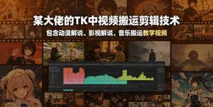 某大佬的TK中视频搬运剪辑技术，包含动漫解说、影视解说、音乐搬运教学视频-琴书聊项目