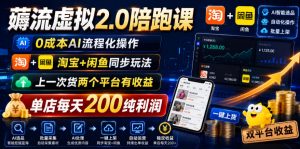 薅流虚拟2.0陪跑课，0成本AI流程化操作，淘宝+闲鱼同步玩法，上一次货两个平台有收益，单店每天200纯利润-琴书聊项目