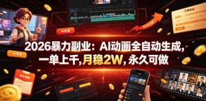 2026暴力副业：AI动画全自动生成，一单上千，月稳2W，永久可做【揭秘】-琴书聊项目